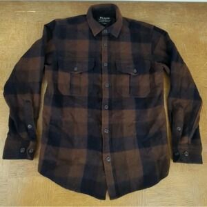 Men's FILSON Wool Northwest Brown/Black Checkered Plaid Flannel Shirt Size Small